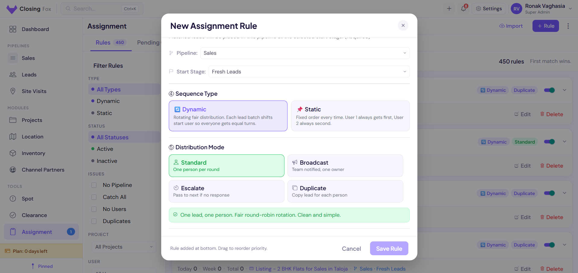 ClosingFox Advance Auto Lead Assignment Rules - Dynamic round-robin, broadcast, escalate distribution