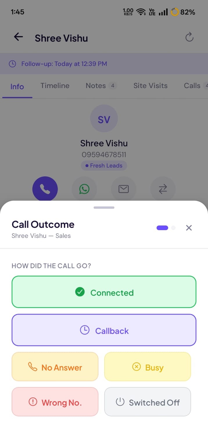 ClosingFox 3-Tap Disposal - Connected, Callback, No Answer, Busy on mobile