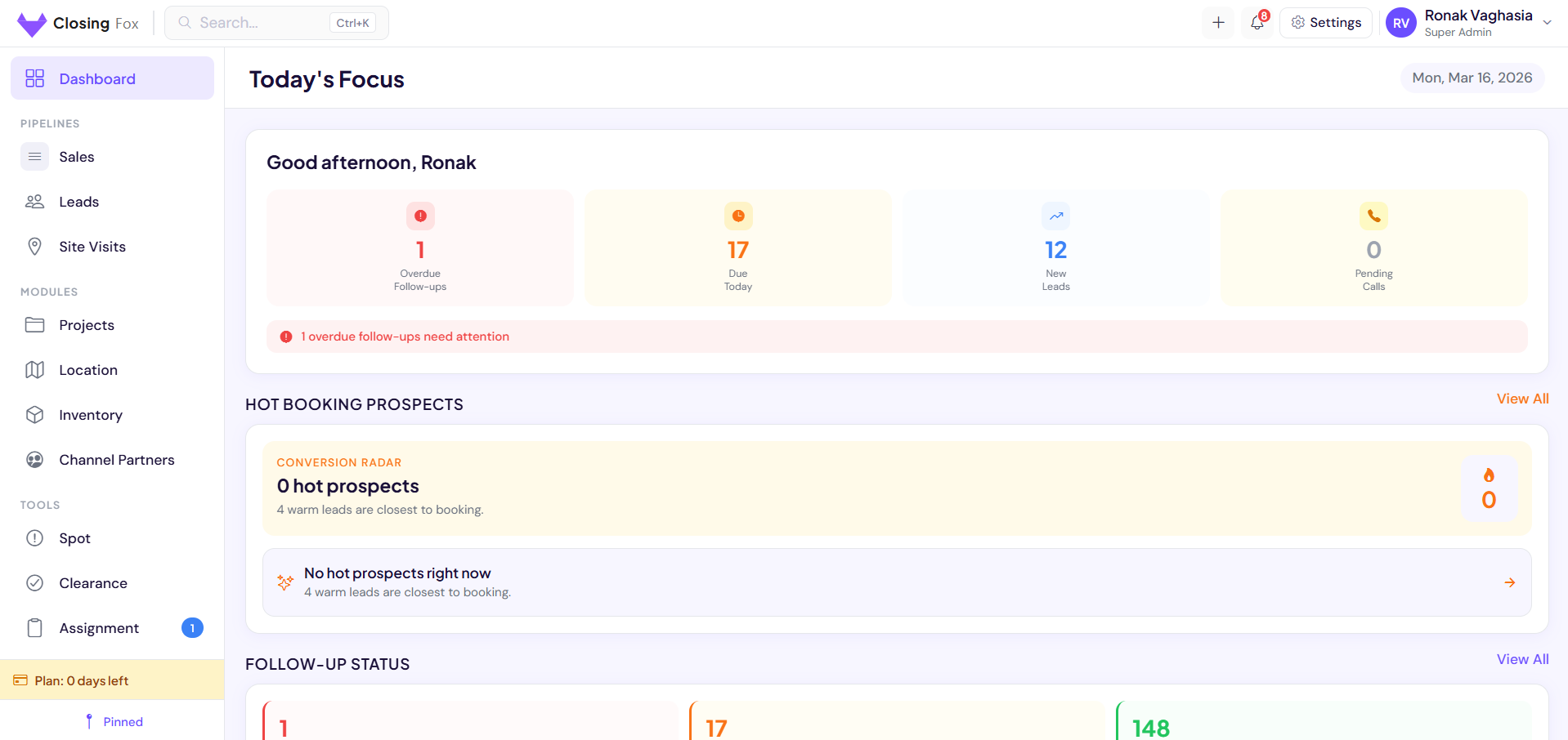 ClosingFox Dashboard - KPI tiles, hot prospects, follow-up status, pipeline overview