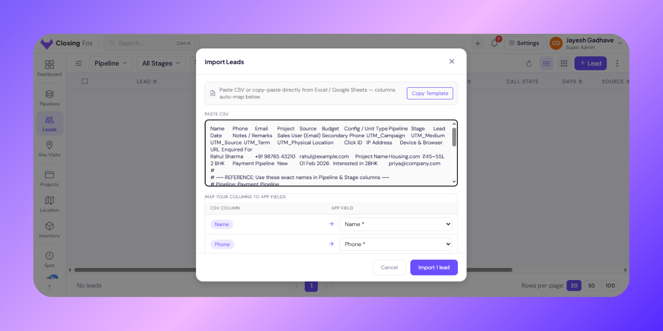 Lead Bulk Import - Screen