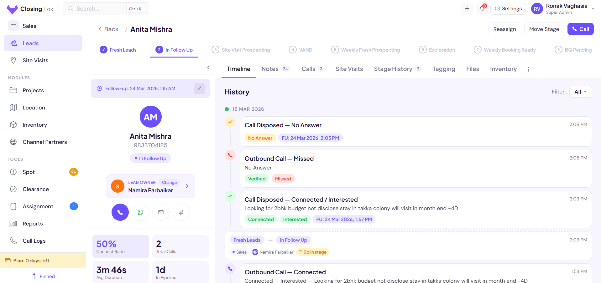 ClosingFox Lead Detail - Timeline, calls, notes, stage history, call and WhatsApp buttons