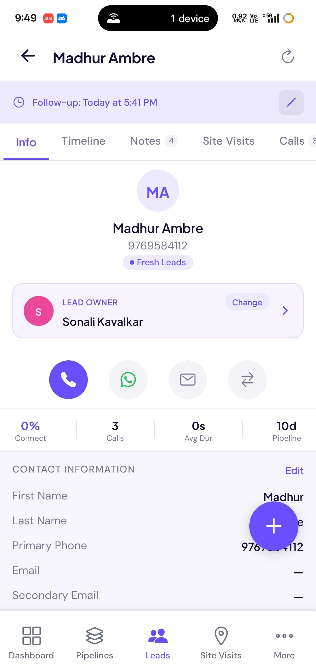 ClosingFox CRM - Mobile Lead Detail Screen with calls, follow-ups, and site visits