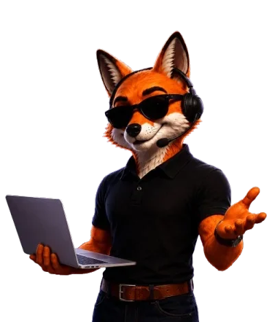 ClosingFox support mascot with laptop